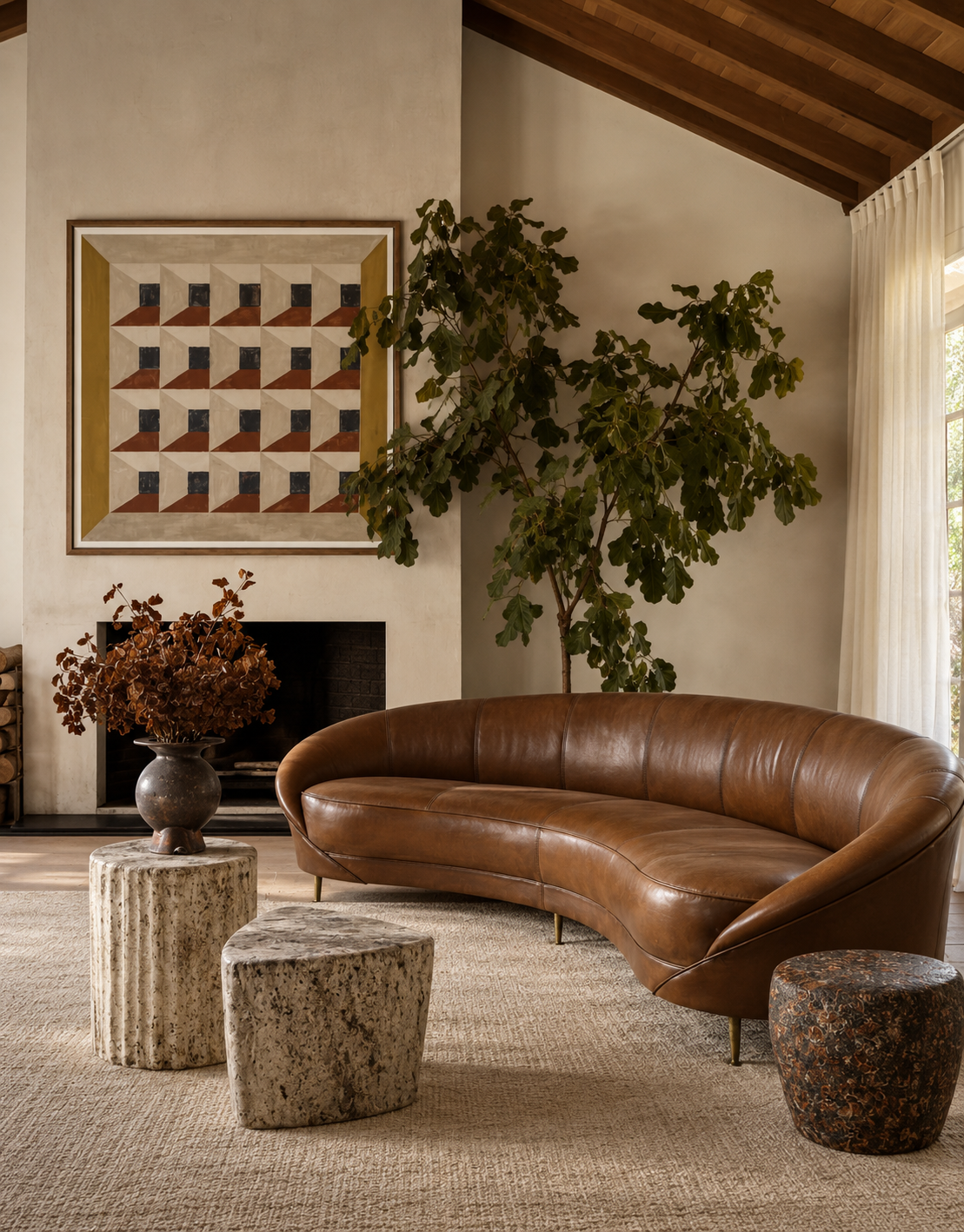 Jane Curved Leather Sofa - Brown
