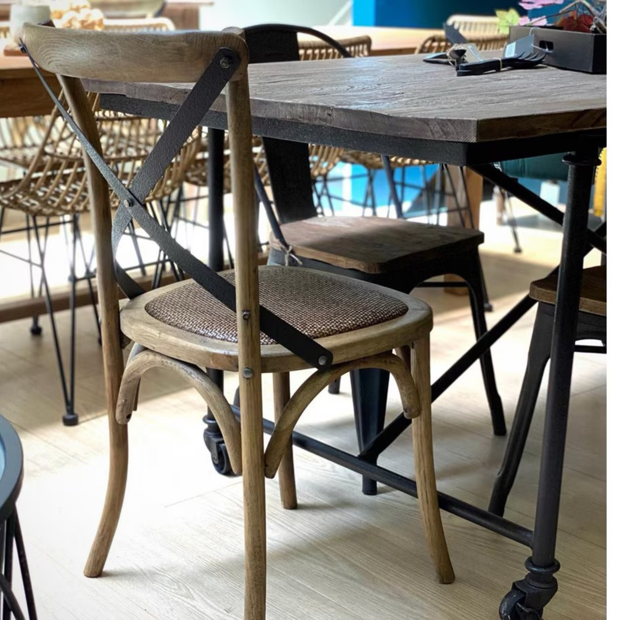 Cross Back Elm Dining Chair - Metal