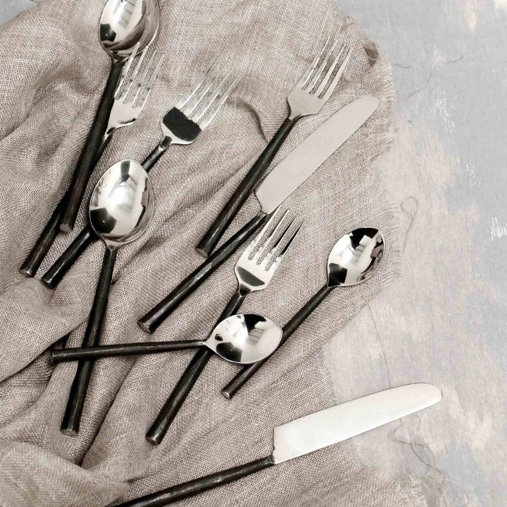 SET OF 8 BURNISHED BLACK & STAINLESS STEEL CUTLERY SET