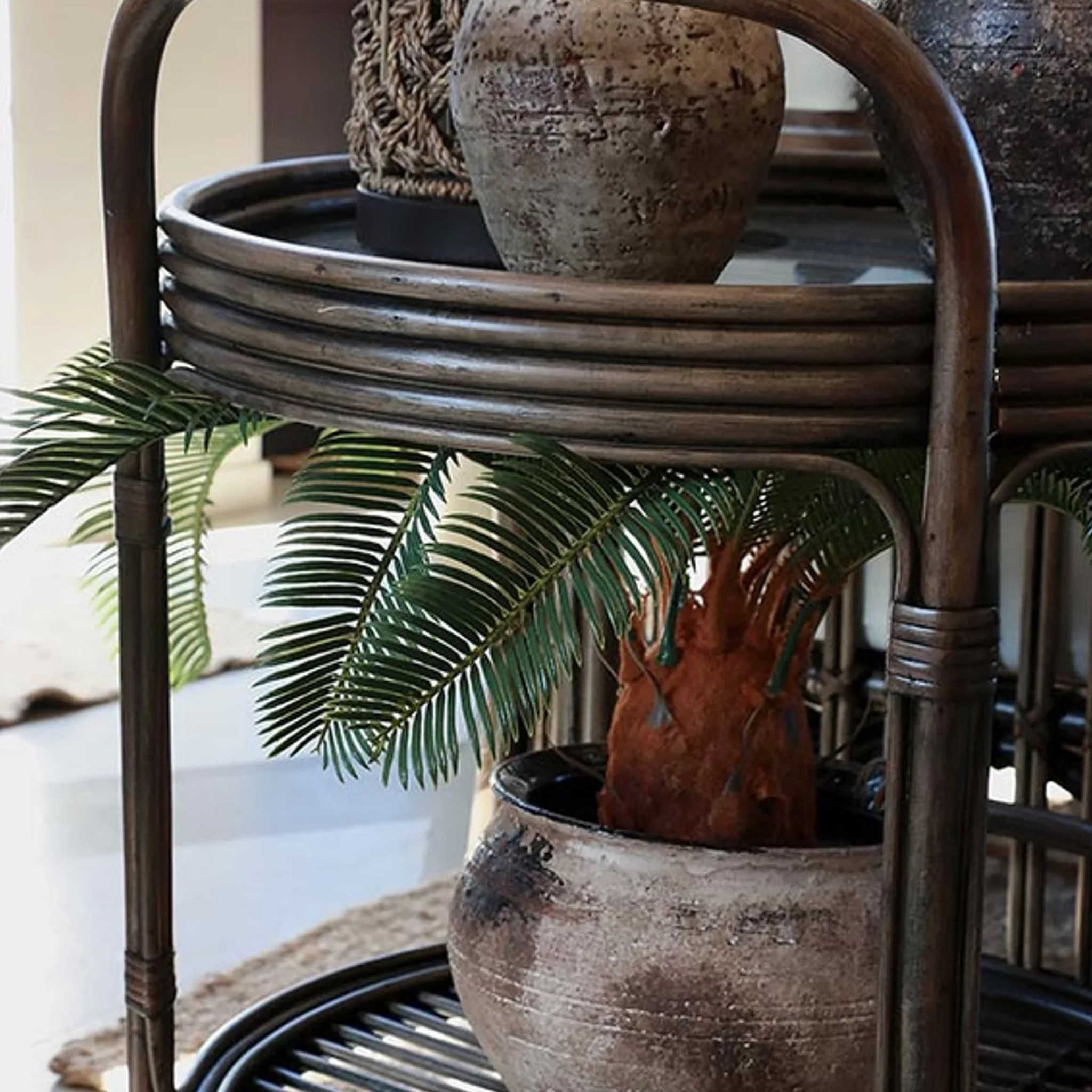 Bermuda Two Tier Side Table Walnut Rattan