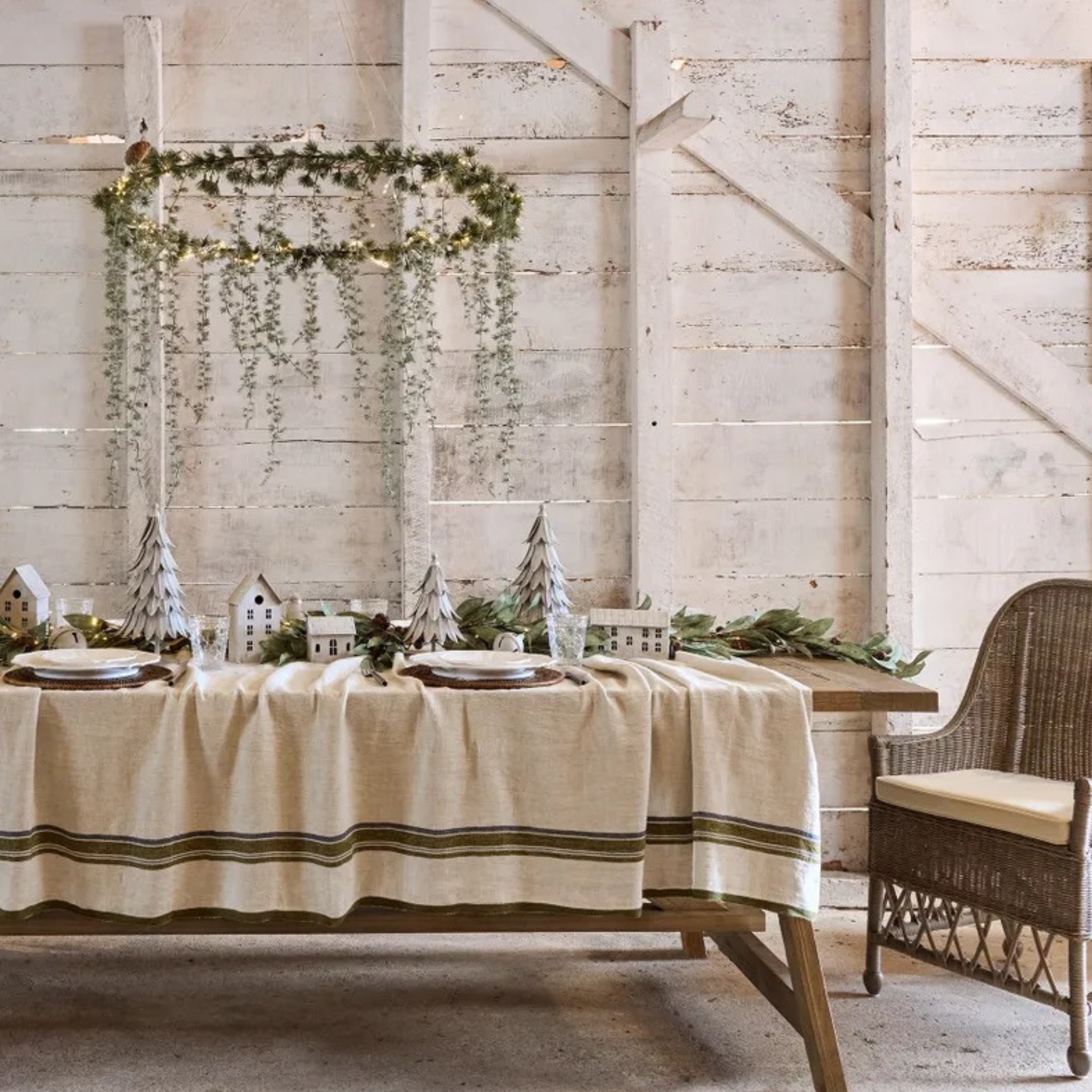 Green Selvedge Stripe Linen Tablecloth