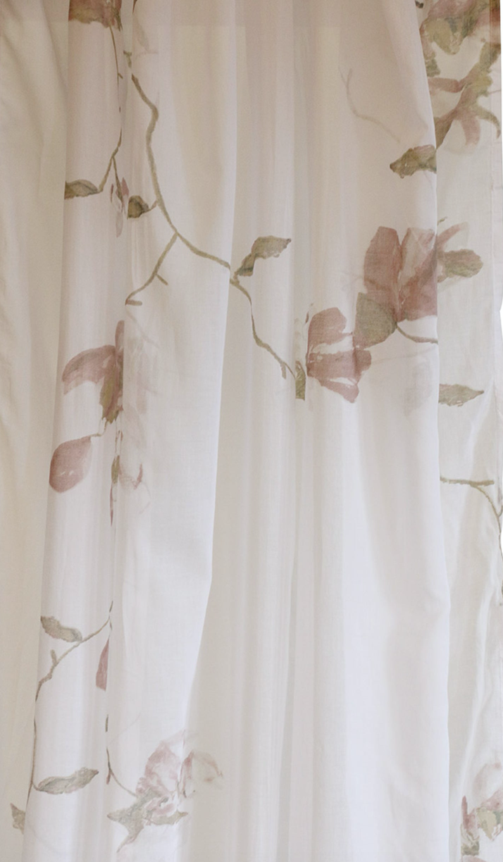 White Voile Curtain with Magnolias (Set of 2)
